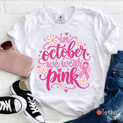 Daisy Pink Ribbon Breast Cancer Teacher T-Shirt