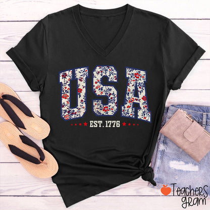 Retro Floral USA Teacher Female V-Neck T-Shirt