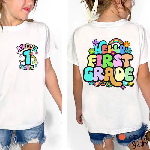 Personalized Name And Grade Rainbow Flowers Class Two Sided T-Shirt