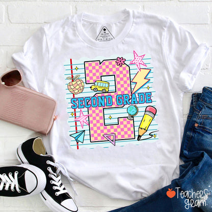 Personalized Pink Plaid And Notebook Style Teacher T-Shirt