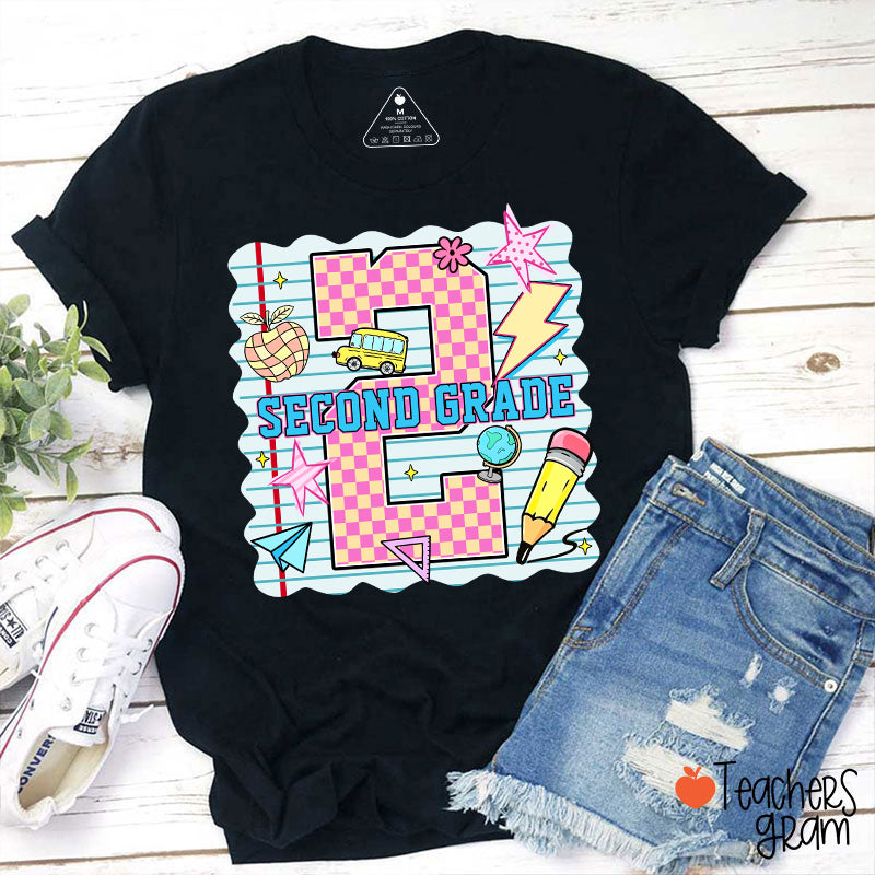 Personalized Pink Plaid And Notebook Style Teacher T-Shirt