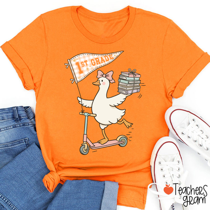 Personalized Grade Scooter Silly Goose Pennant Book Stack Teacher T-Shirt