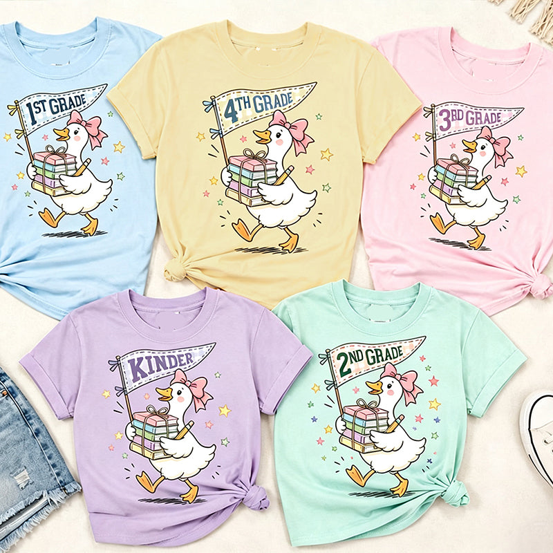 Personalized Grade Silly Goose Book Pennant Teacher T-Shirt
