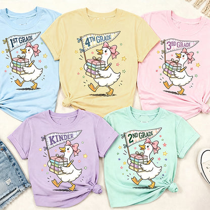Personalized Grade Silly Goose Book Pennant Teacher T-Shirt