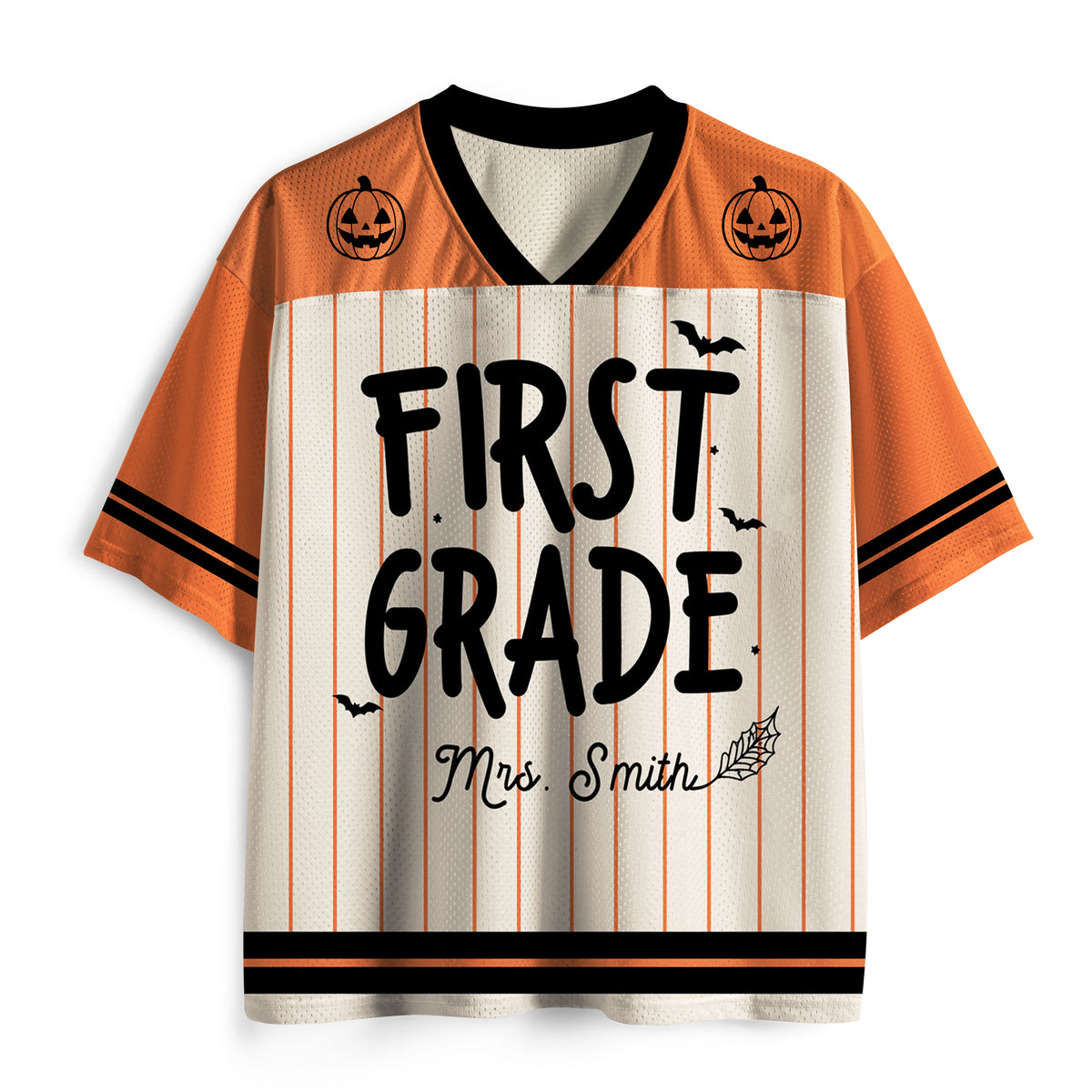 Personalized Name And Grade Stripes Pumpkin Teacher Mesh Jersey