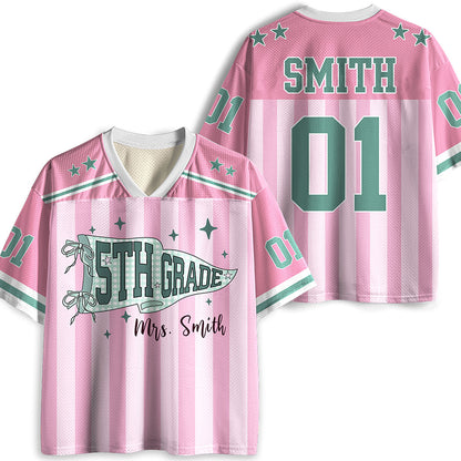 Personalized Grade And Name Striped Pennant Bow Star Teacher Mesh Jersey