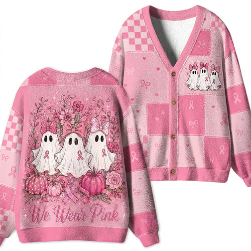 We Wear Pink Halloween Ghost Pumpkin Floral Checkered Patchwork Two Sided Teacher Ugly Cardigan Sweater