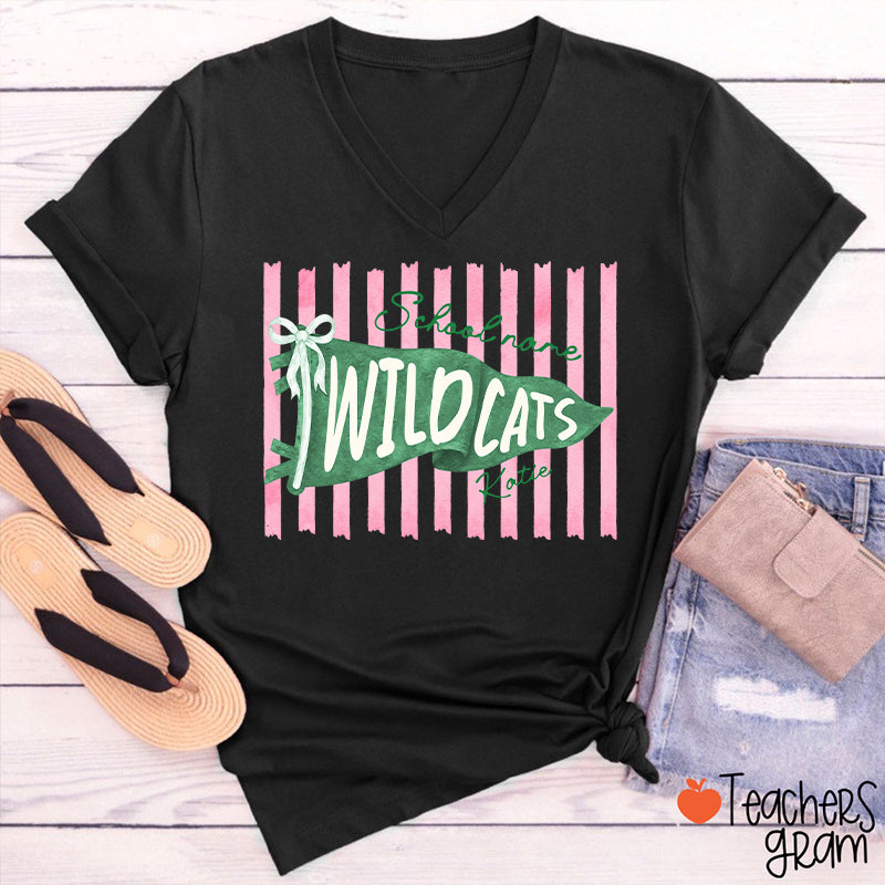 Personalized Mascot Pennant Bow Pink Striped V-Neck T-Shirt