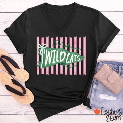 Personalized Mascot Pennant Bow Pink Striped V-Neck T-Shirt
