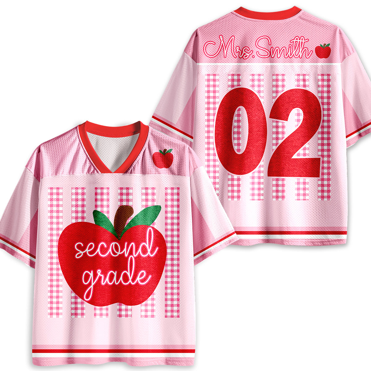 Personalized Grade And Name Gingham Stripes Apple Teacher Mesh Jersey
