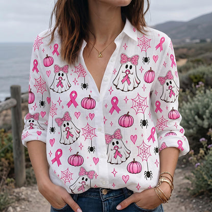 Pink Ribbon Ghost Halloween Teacher Long Sleeve Shirt