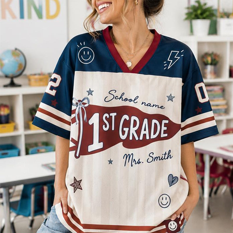Personalized Grade And Name Preppy Stripes Patchwork First Day Teacher Mesh Jersey