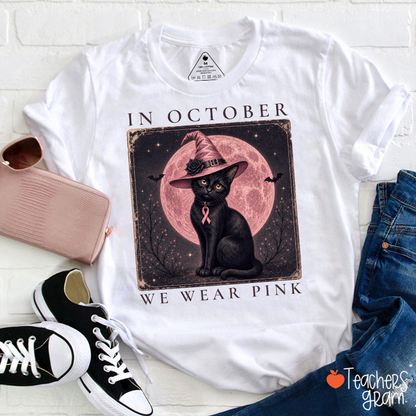 In October We Wear Pink Witch Black Cat Pink Moon Breast Cancer Awareness Teacher T-Shirt