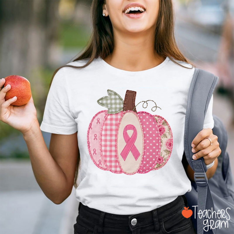 Pink Faux Patchwork Pumpkin Ribbon Teacher T-Shirt
