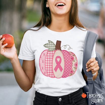 Pink Faux Patchwork Pumpkin Ribbon Teacher T-Shirt