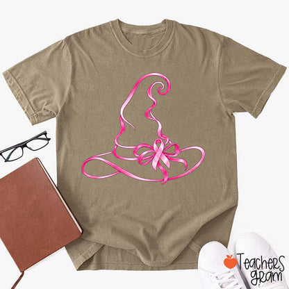 Halloween Witch Hat Pink Ribbon Breast Cancer Support Teacher T-Shirt