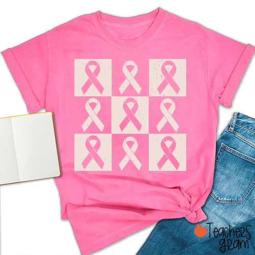 Pink Ribbon Breast Cancer Awareness Teacher T-Shirt