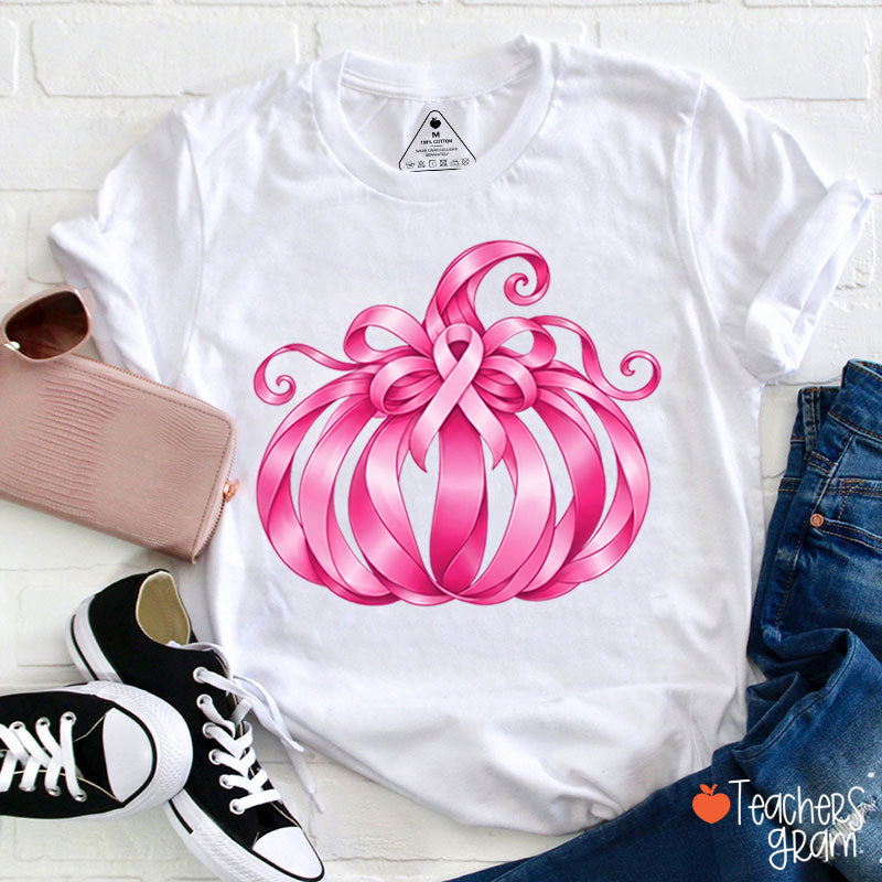 Pink Ribbon Bow Pumpkin Fall Teacher T-Shirt