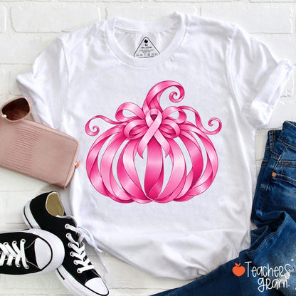 Pink Ribbon Bow Pumpkin Fall Teacher T-Shirt