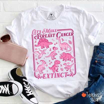 Breast Cancer Extinct Dinosaur Pink Ribbon Support Teacher T-Shirt