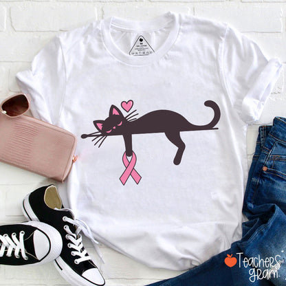 Black Cat With Pink Ribbon Awareness Teacher T-Shirt
