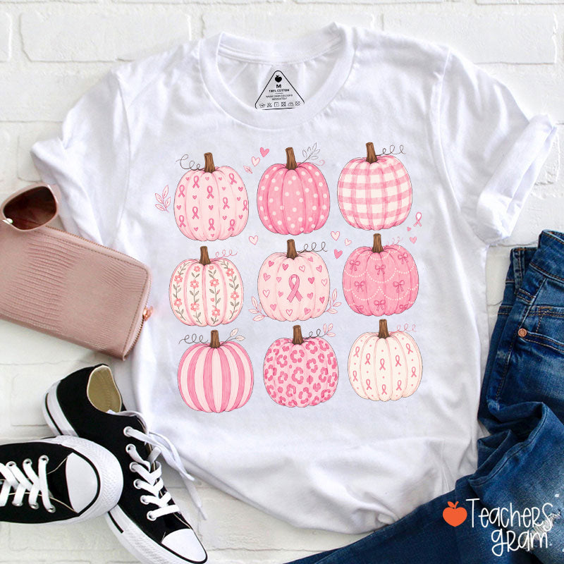 Pink Ribbon Breast Cancer Awareness Grid Pumpkin Teacher T-Shirt
