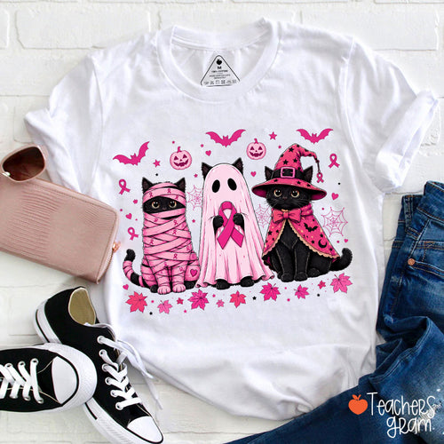 Cute Halloween Cat Breast Cancer Awareness Teacher T-Shirt