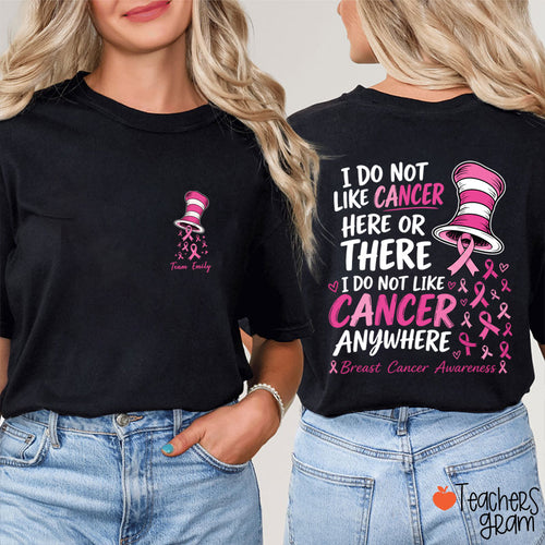 Personalized Team Name Pink Ribbon Striped Hat Teacher Two Sided T-Shirt
