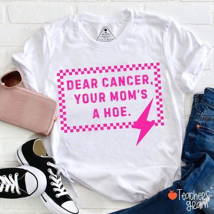 Funny Anti‑Cancer Quote Pink Checker Lightning Bolt Teacher T-Shirt