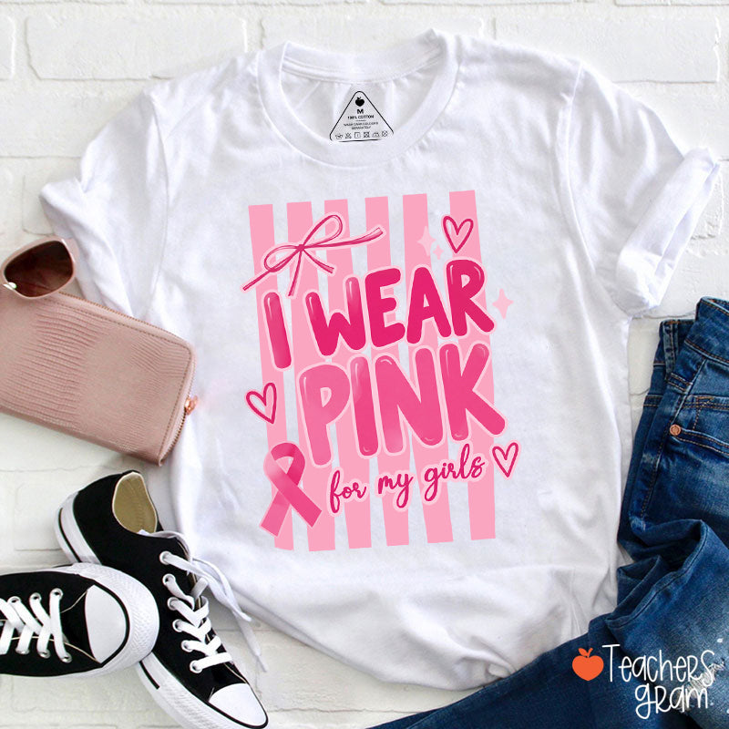 Personalized I Wear Pink For My People Striped Pink Ribbon Teacher T-Shirt