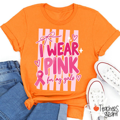 Personalized I Wear Pink For My People Striped Pink Ribbon Teacher T-Shirt