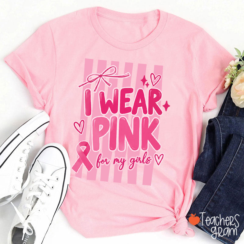 Personalized I Wear Pink For My People Striped Pink Ribbon Teacher T-Shirt