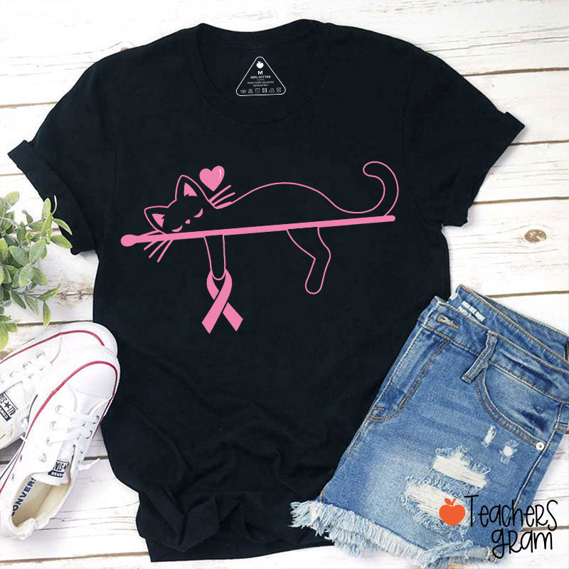 Black Cat With Pink Ribbon Awareness Teacher T-Shirt