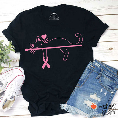 Black Cat With Pink Ribbon Awareness Teacher T-Shirt