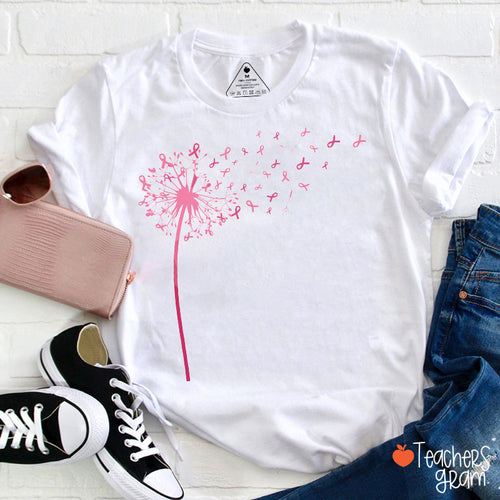 Pink Dandelion Floating Ribbon Inspirational Floral Teacher T-Shirt