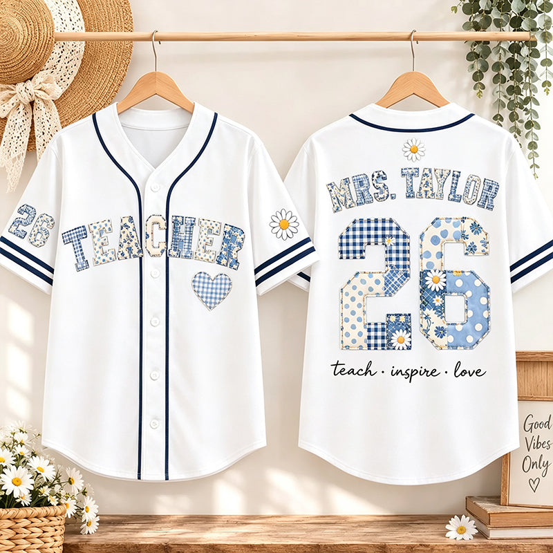 Personalized Teacher Name Patchwork Daisy Heart Teacher Baseball Jersey