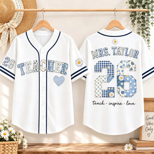 Personalized Teacher Name Patchwork Daisy Heart Teacher Baseball Jersey