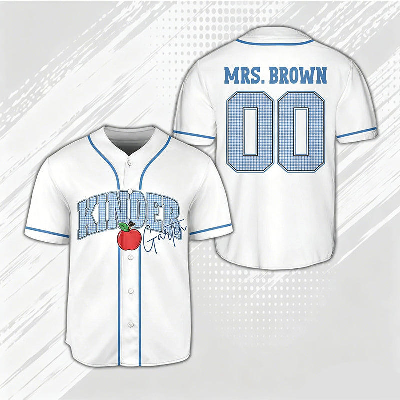 Personalized Grade And Name Gingham Apple Teacher Baseball Jersey