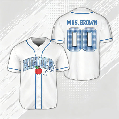 Personalized Grade And Name Gingham Apple Teacher Baseball Jersey