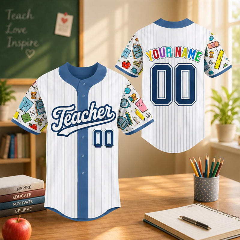 Personalized Teacher Name School Supply Sleeve Print Baseball Jersey