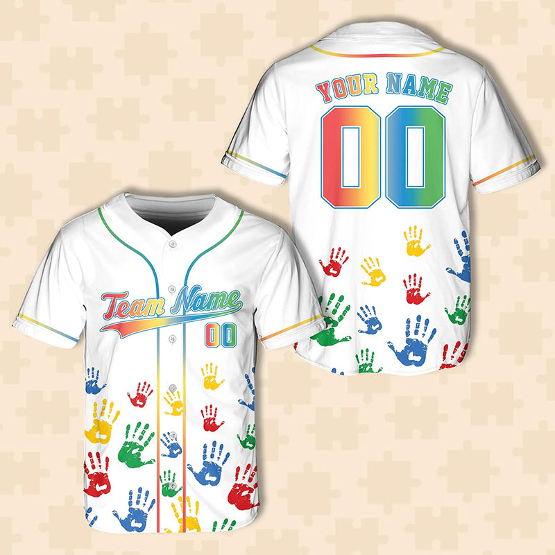 Personalized Rainbow Handprint Autism Awareness Teacher Baseball Jersey