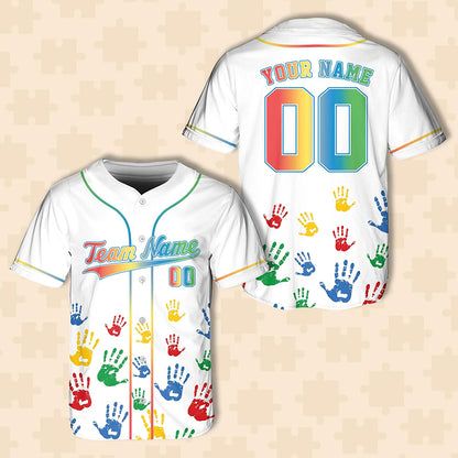 Personalized Rainbow Handprint Autism Awareness Teacher Baseball Jersey