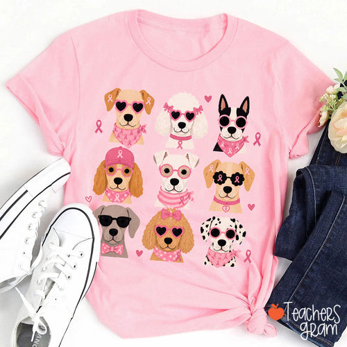 Pink Ribbon Cute Dogs Breast Cancer Awareness Graphic Teacher T-Shirt