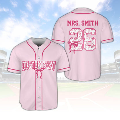 Personalized Name And Grade Floral Letter Coquette Bow Teacher Baseball Jersey