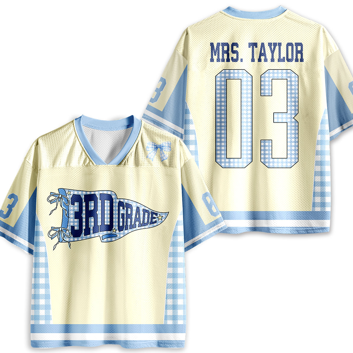 Personalized Grade And Name Gingham Pennant Teacher Mesh Jersey