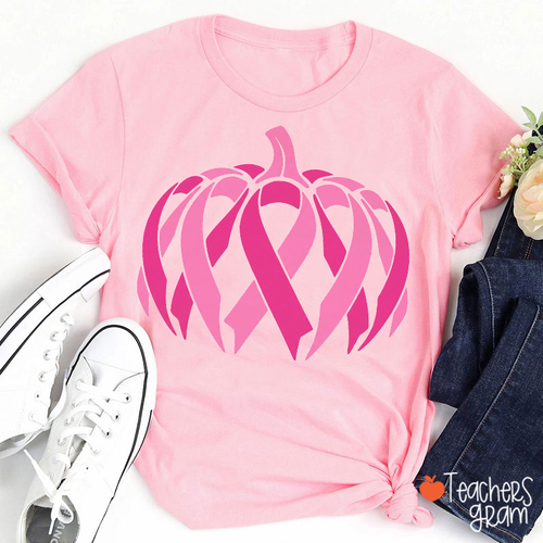 Pink Ribbon Pumpkin Breast Cancer Awareness Teacher T-Shirt
