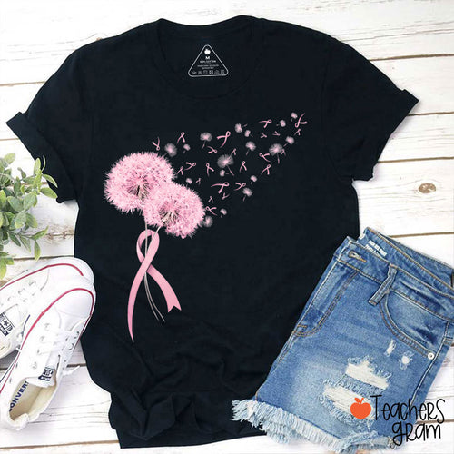 Pink Dandelion With Flying Seed Turn To Pink Ribbon Teacher T-Shirt