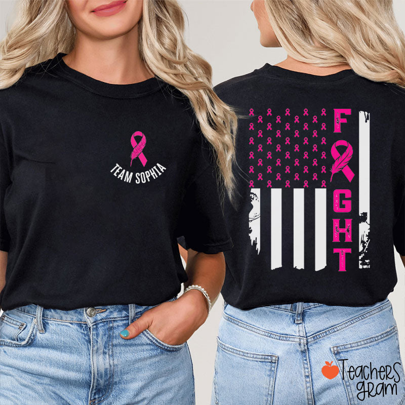 Personalized Team Name Feather Ribbon Distressed Flag Teacher Two Sided T‑Shirt
