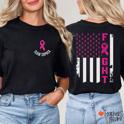 Personalized Team Name Feather Ribbon Distressed Flag Teacher Two Sided T‑Shirt