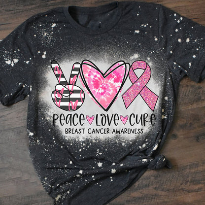 Peace Love Cure Breast Cancer Awareness Teacher Printed Super Soft T-Shirt